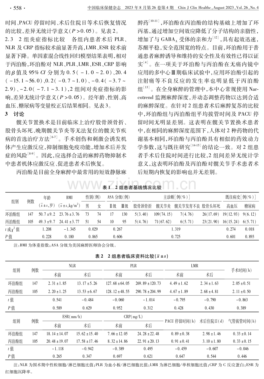 环泊酚与丙泊酚对髋关节置换术患者围术期炎症指标和术后恢复情况的影响.pdf_第3页