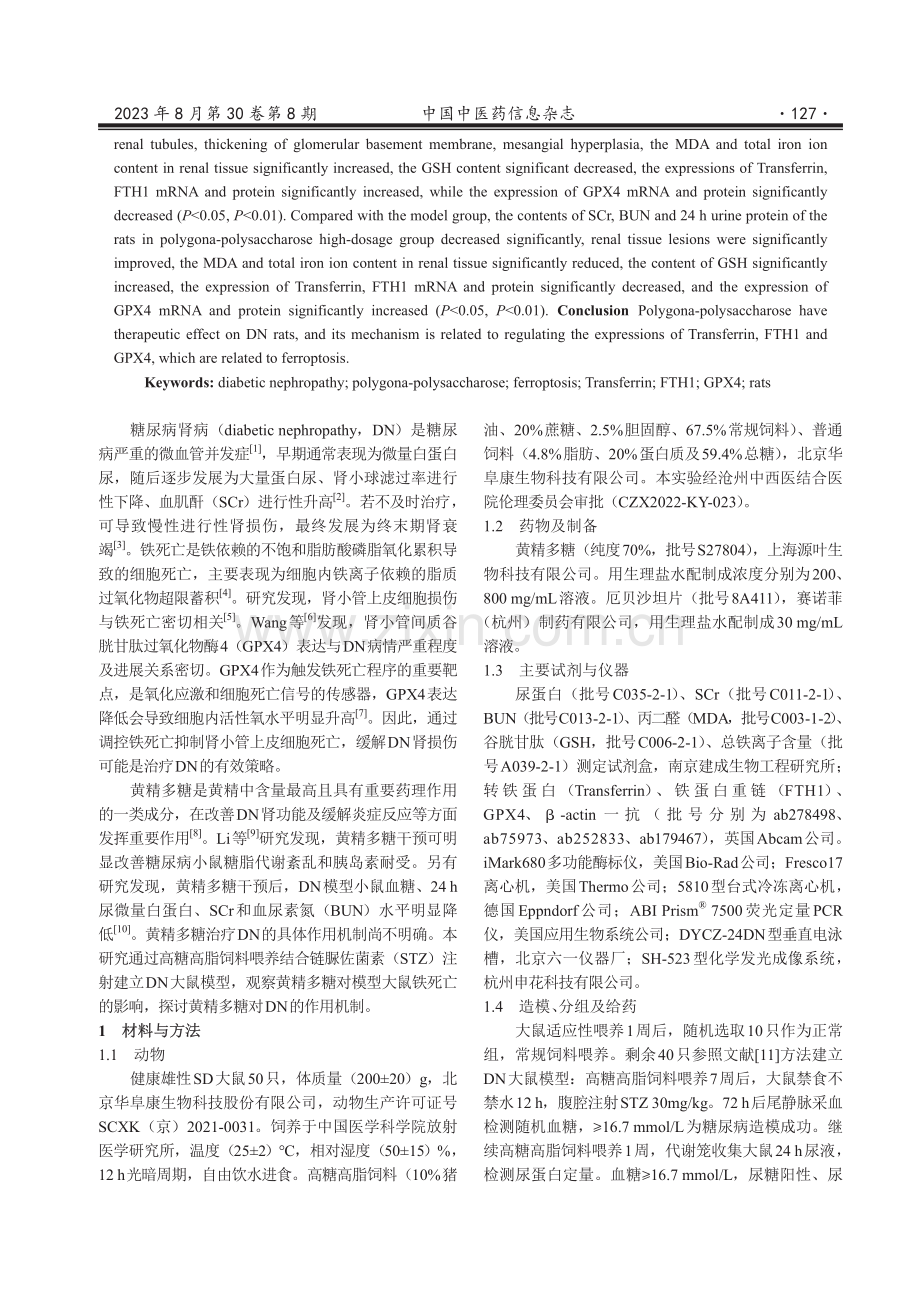 黄精多糖对糖尿病肾病大鼠铁死亡的影响.pdf_第2页