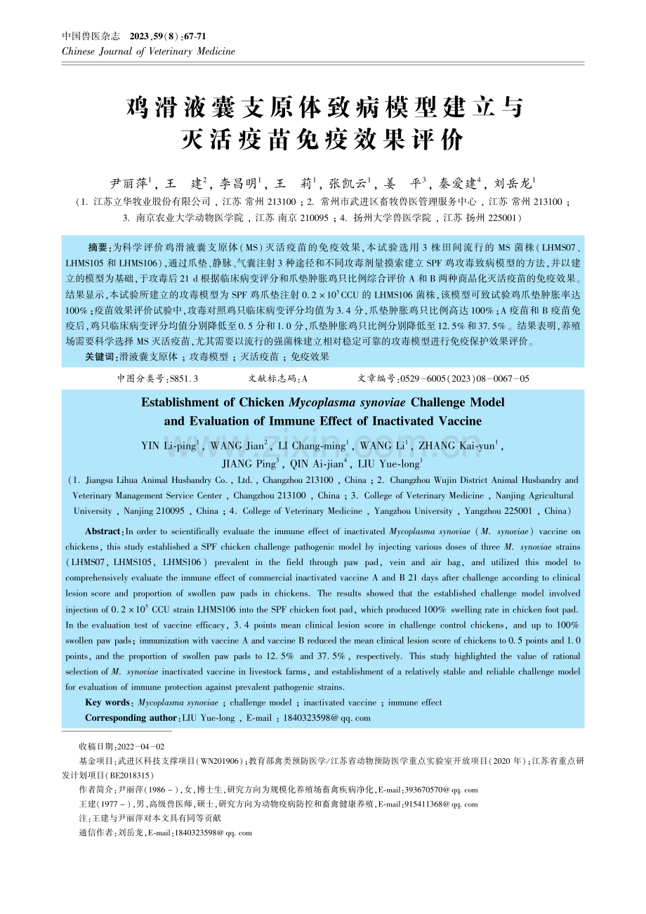 鸡滑液囊支原体致病模型建立与灭活疫苗免疫效果评价.pdf_第1页