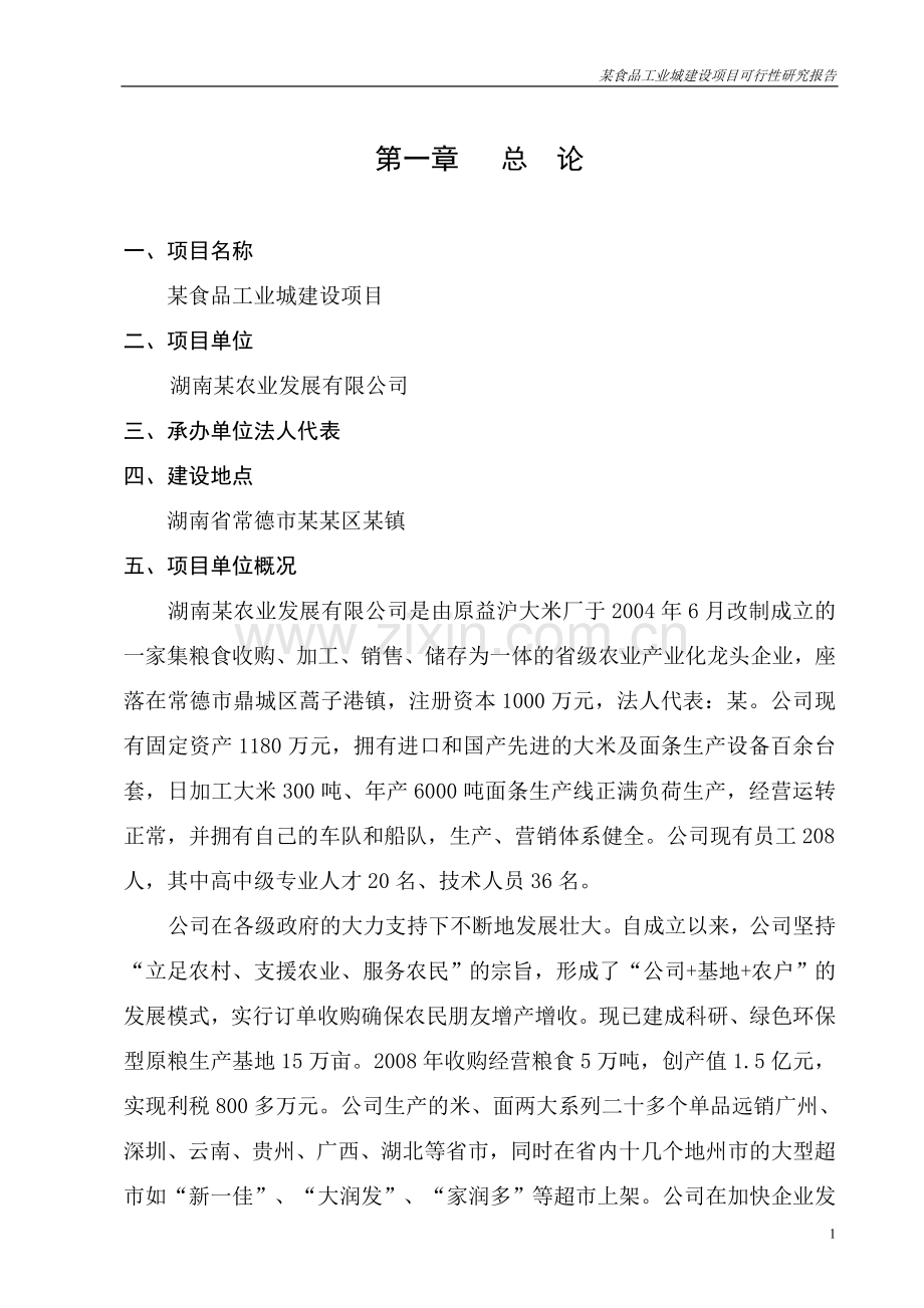 某食品工业城建设项目可行性研究报告书(大米、面条生产项目可研报告).doc_第1页