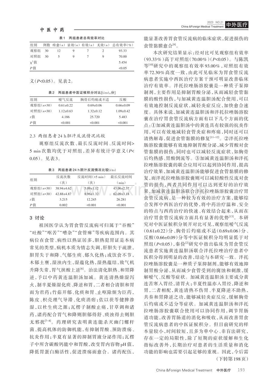 黄连温胆汤联合泮托拉唑治疗胃食管反流病的疗效分析.pdf_第3页