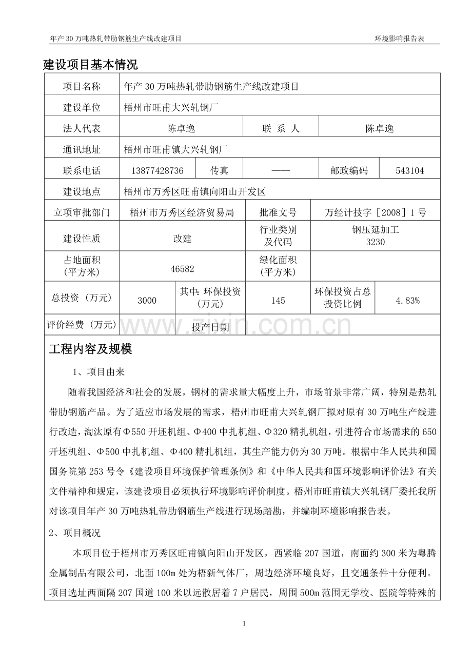 旺甫大新轧钢厂年产30万吨热轧带肋钢筋生产线改建项目申请建设环境影响评估报告书表.doc_第1页