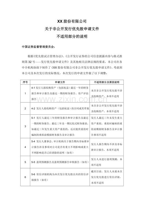 上市公司非公开发行境内优先股关于申请文件不适用部分的说明模版.doc