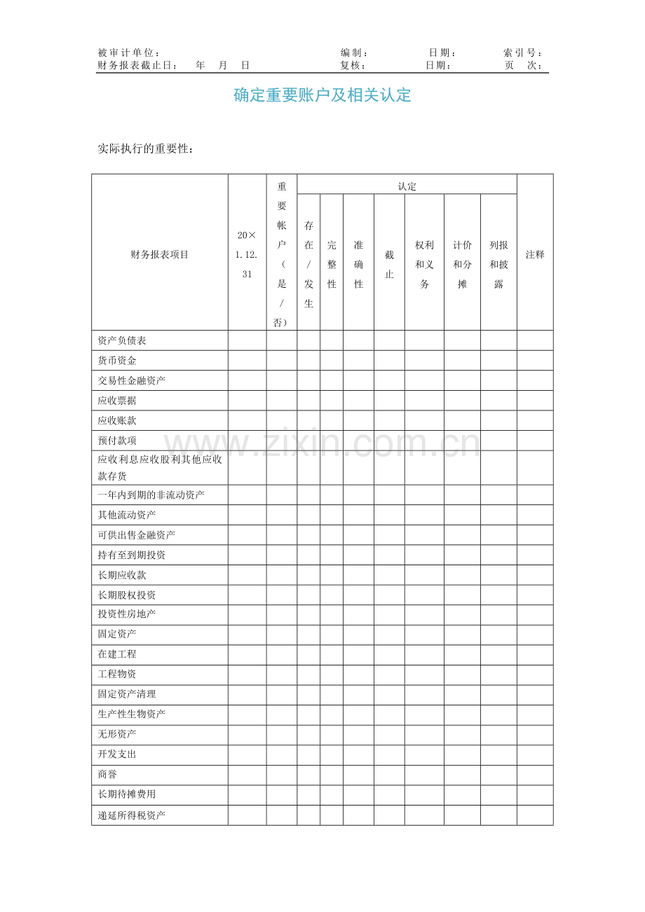 公司内部控制审计工作底稿-确定重要账户及相关认定模版.doc_第1页