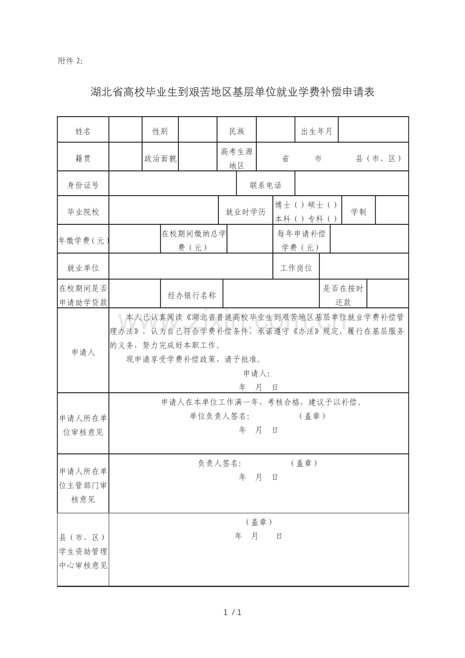 湖北省高校毕业生到艰苦地区基层单位就业学费补偿申请表.doc_第1页