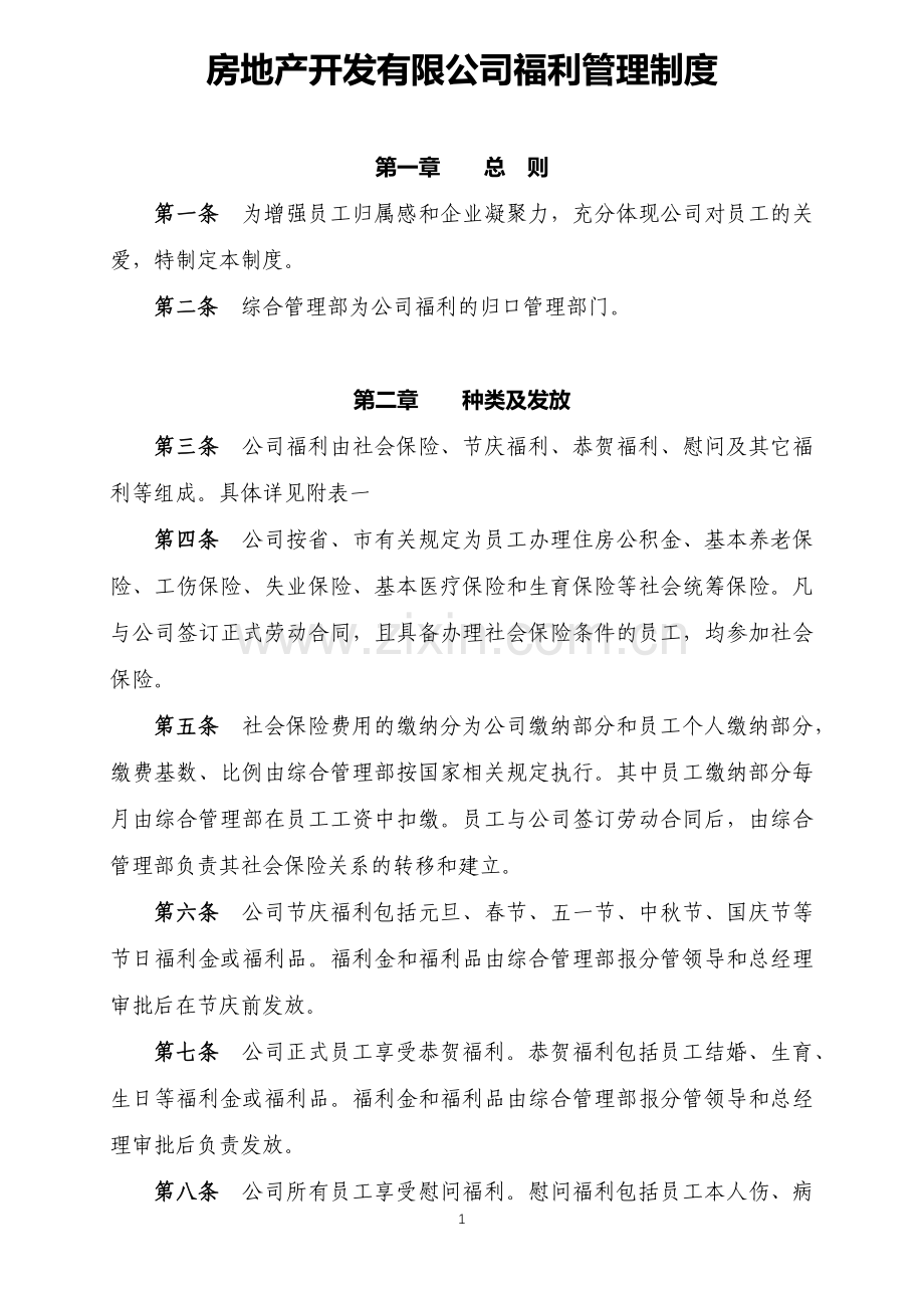 房地产开发有限公司福利管理制度模版.docx_第1页