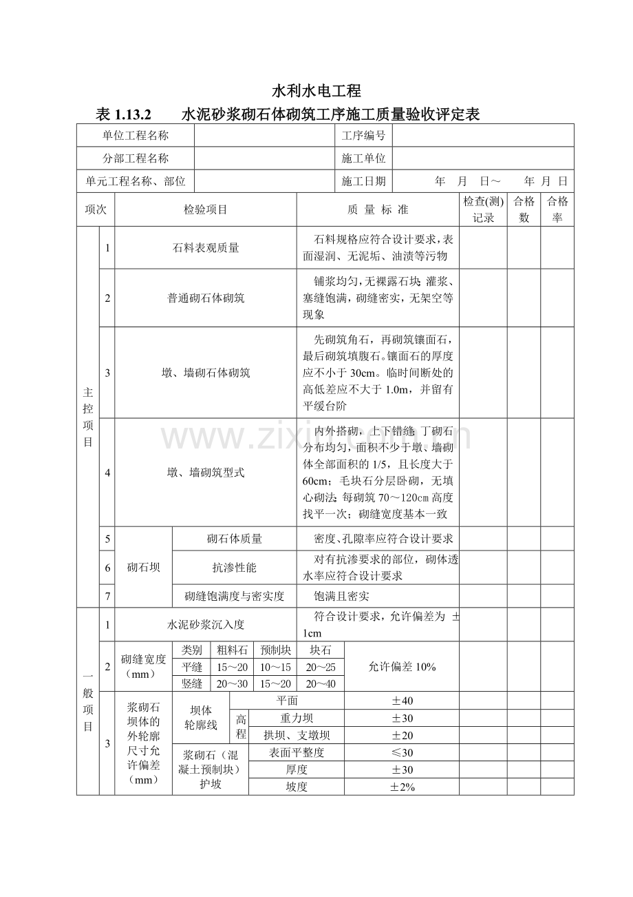 水利水电工程水泥砂浆砌石体单元工程施工质量验收评定表.doc_第3页