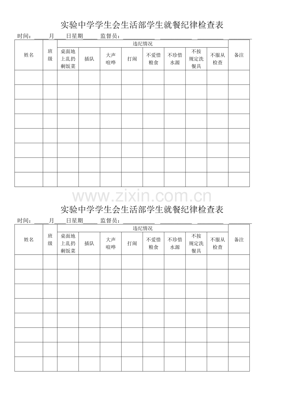 实验中学就餐纪律检查表.doc_第1页