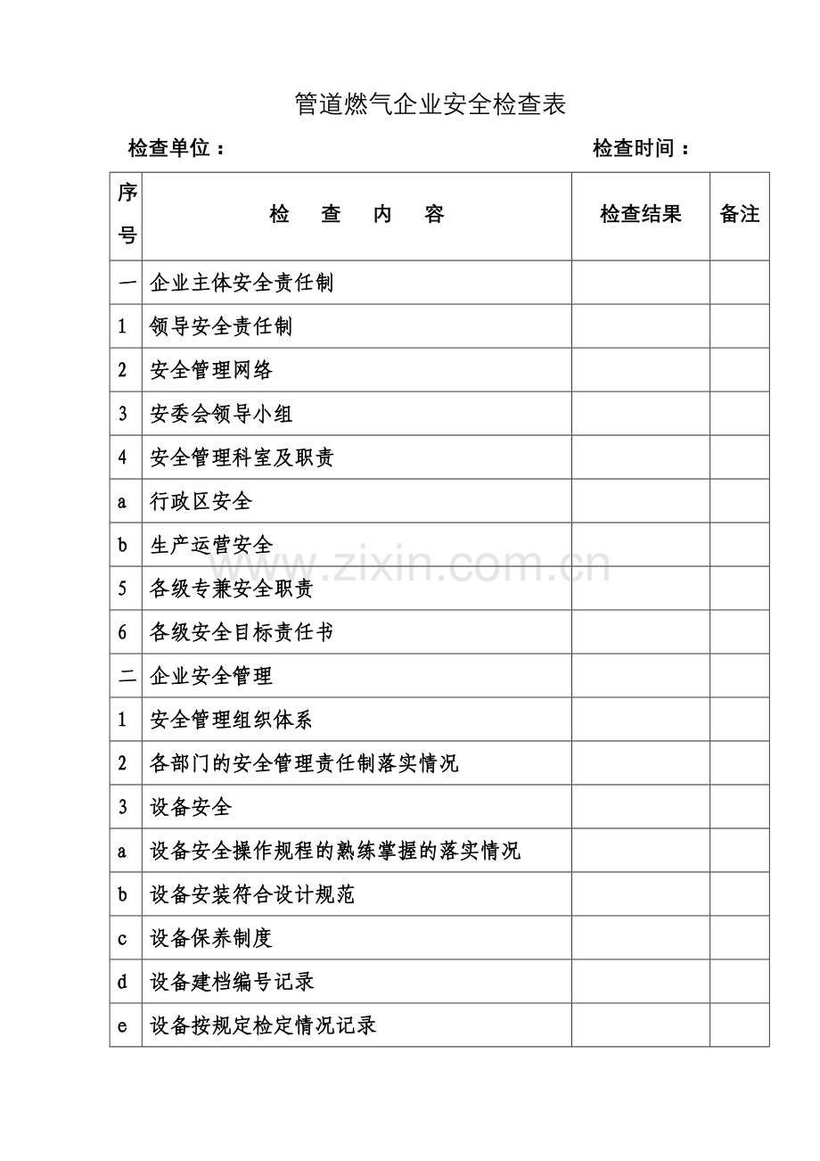 管道燃气企业安全检查表1.doc_第1页