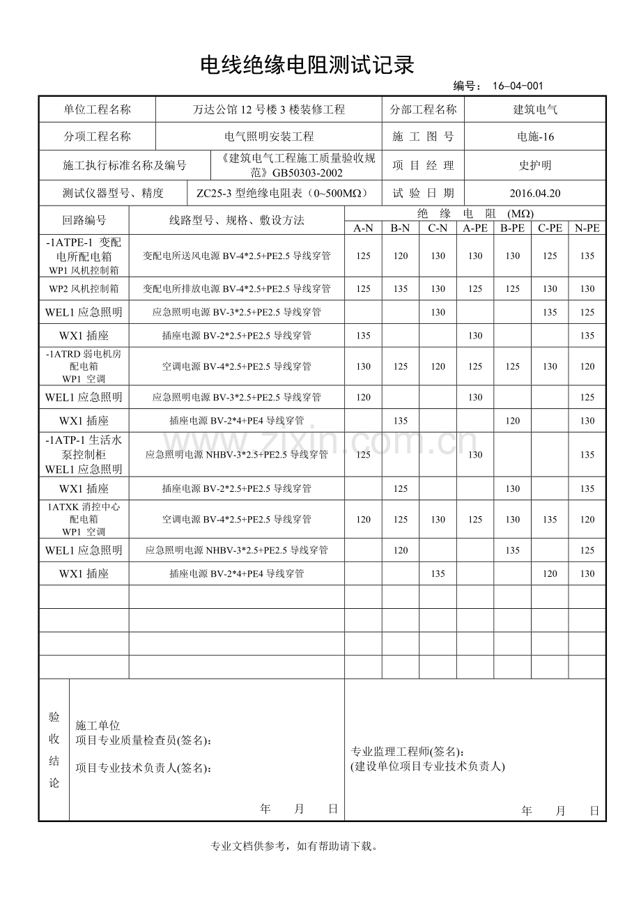 电线绝缘电阻测试记录.doc_第1页