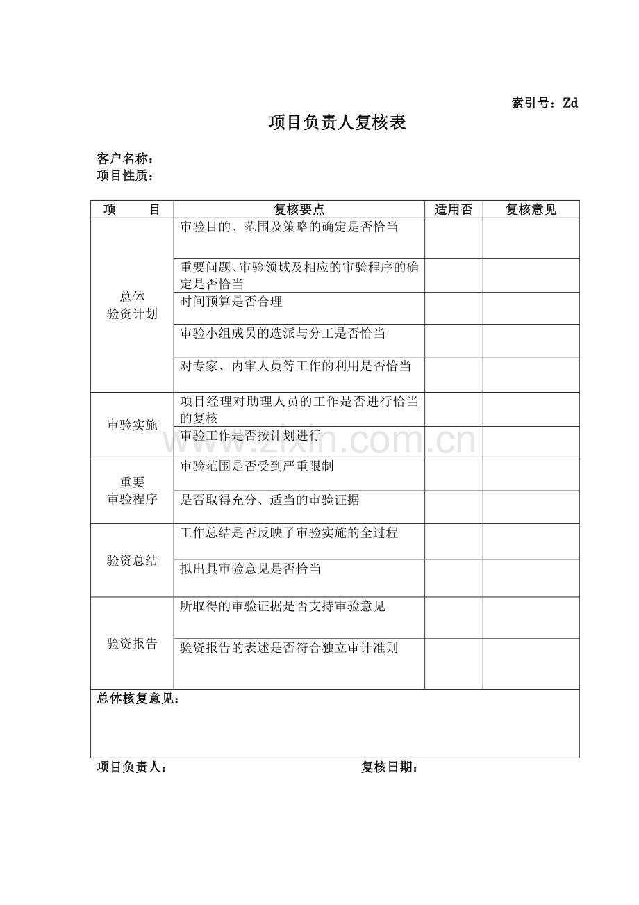 会计师事务所验资工作底稿之验资报告书项目负责人复核表.doc_第1页