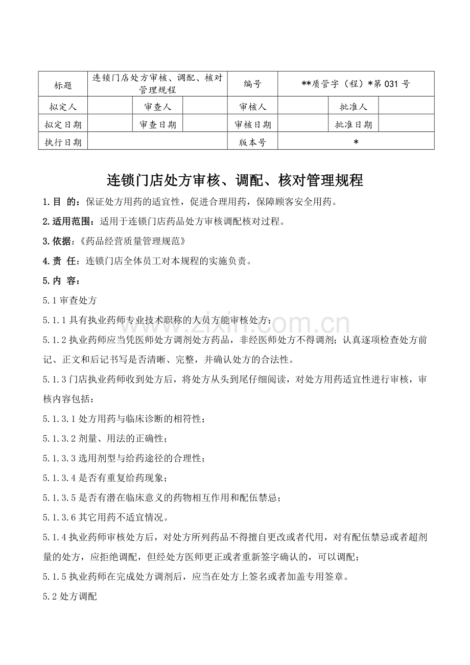 医药连锁门店处方审核调配核对规程模版.doc_第1页