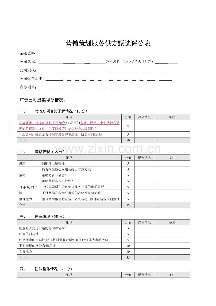 房地产公司项目-营销策划服务供方甄选评分表模版.doc_第1页