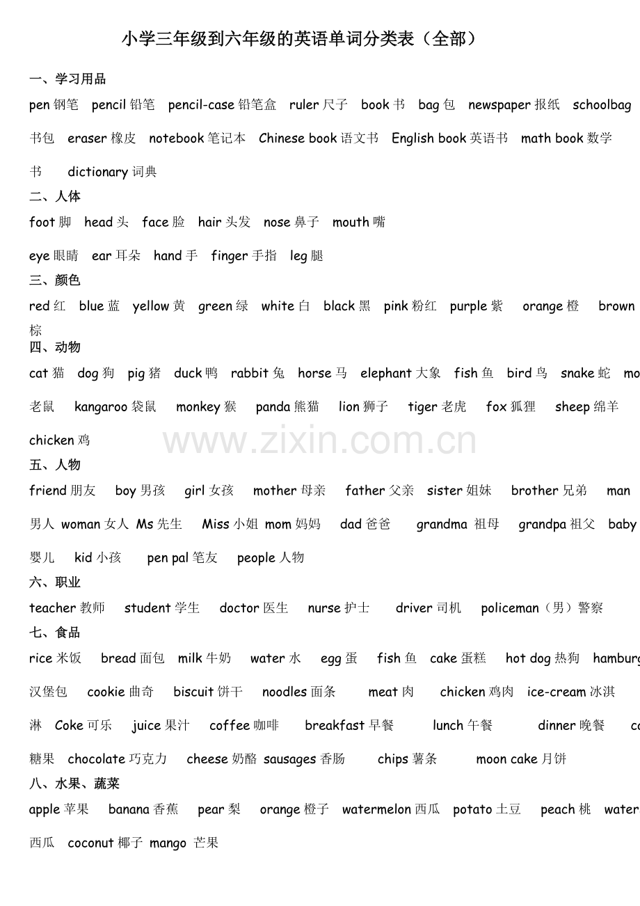 小学三年级到六年级的英语单词分类表汇编.doc_第1页