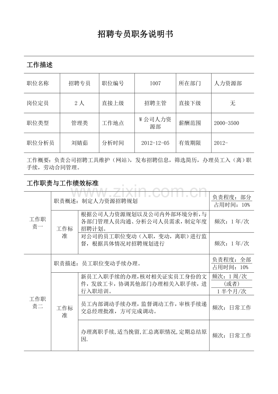 第一次设计招聘专员职务说明书.doc_第1页