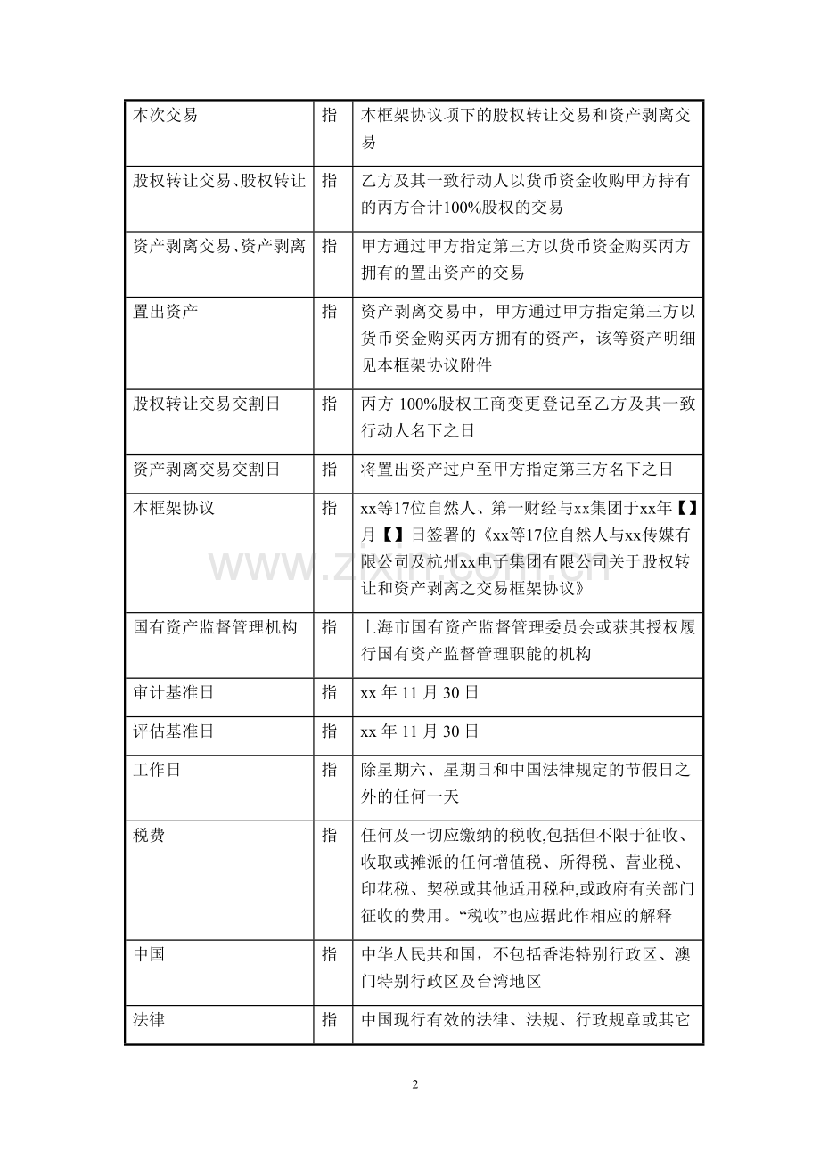 股权转让与资产剥离交易框架协议模版.doc_第3页