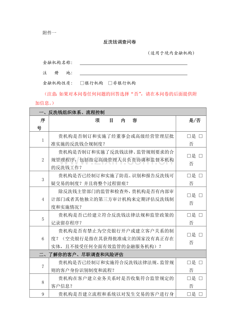 金融机构反洗钱问卷模版.docx_第1页