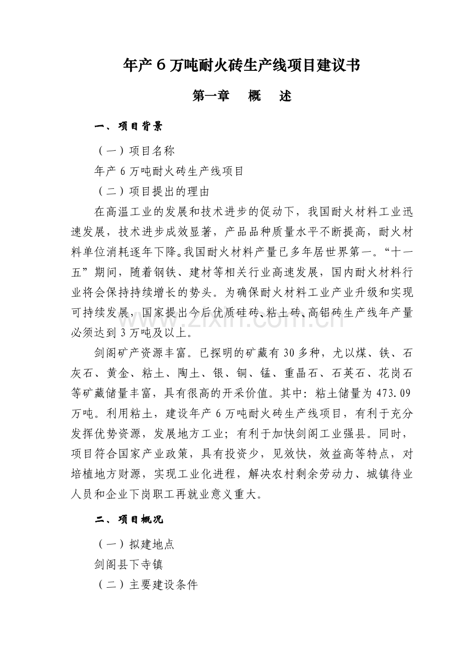 年产6万吨耐火砖生产线项目建议书.doc_第1页