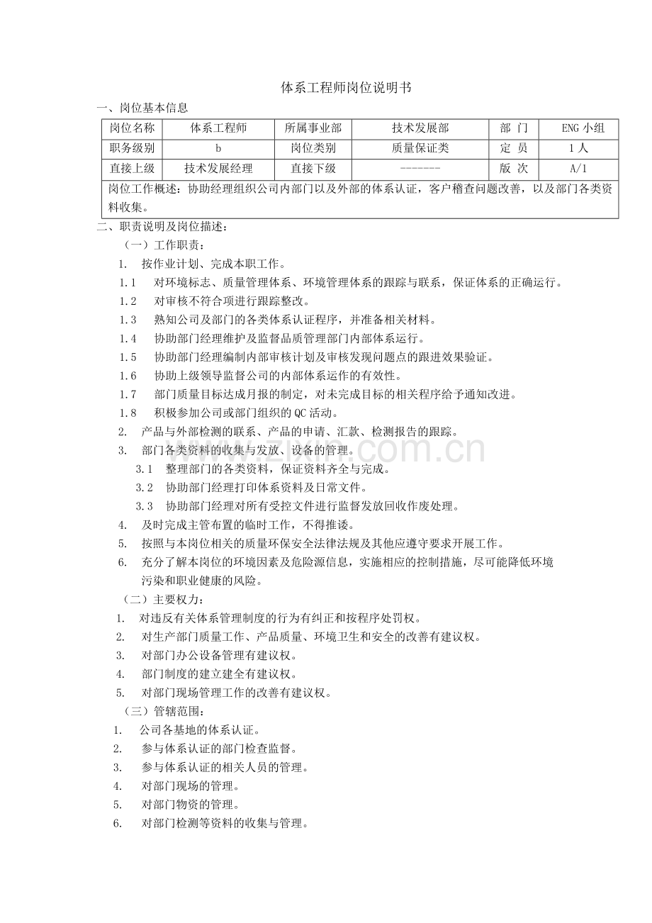 体系工程师岗位说明书.doc_第1页