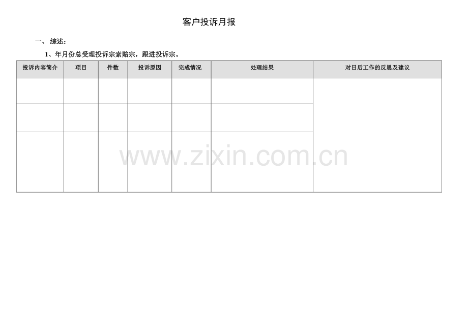 房地产项目客服月报模版.doc_第1页