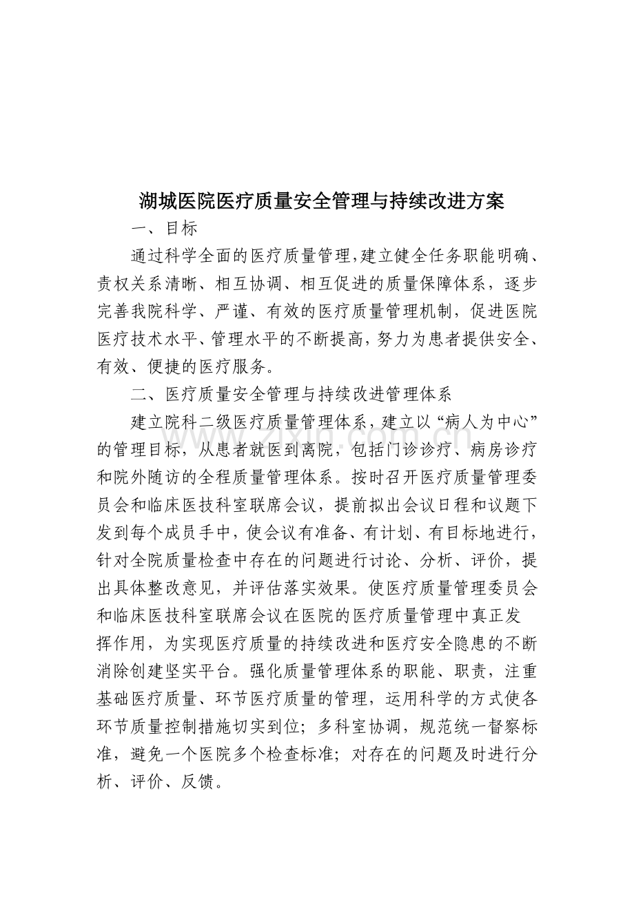 湖城医院医疗质量安全管理与持续改进方案.doc_第1页