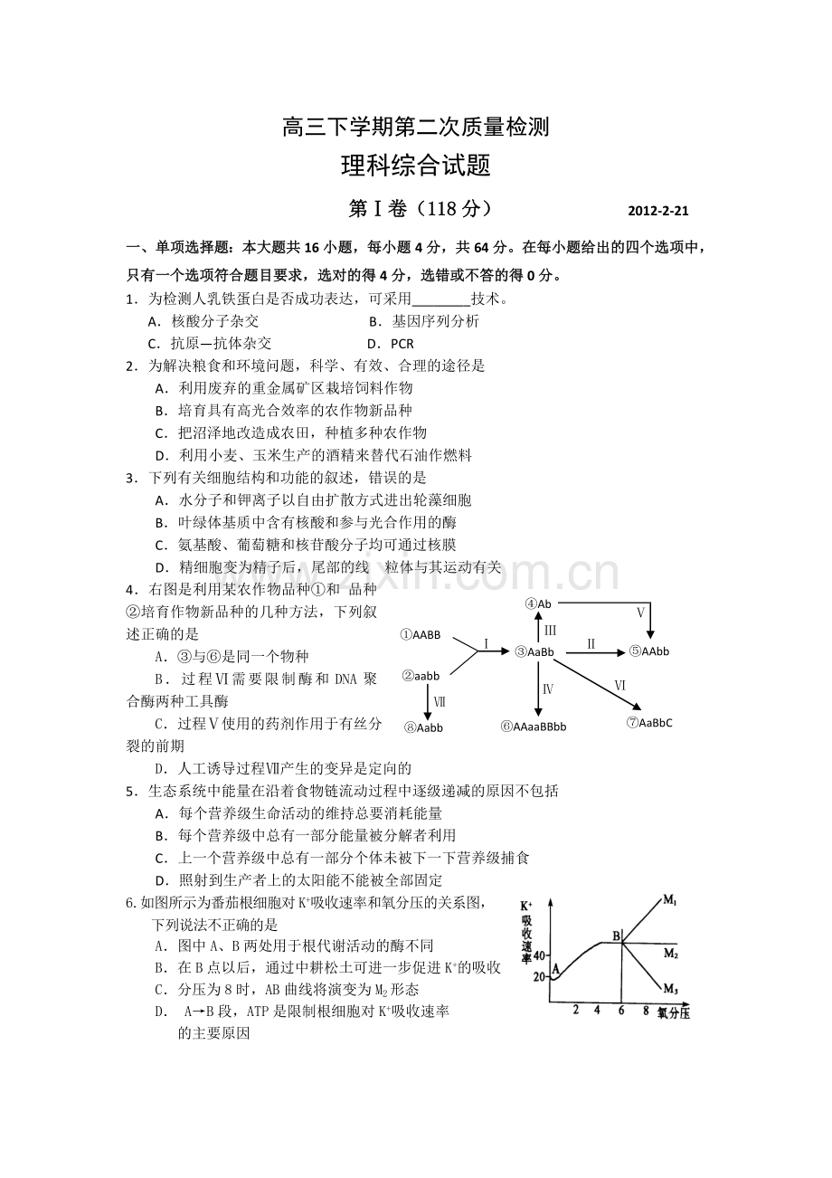 高三下学期第二次质量检测理综试题20121221.doc_第1页