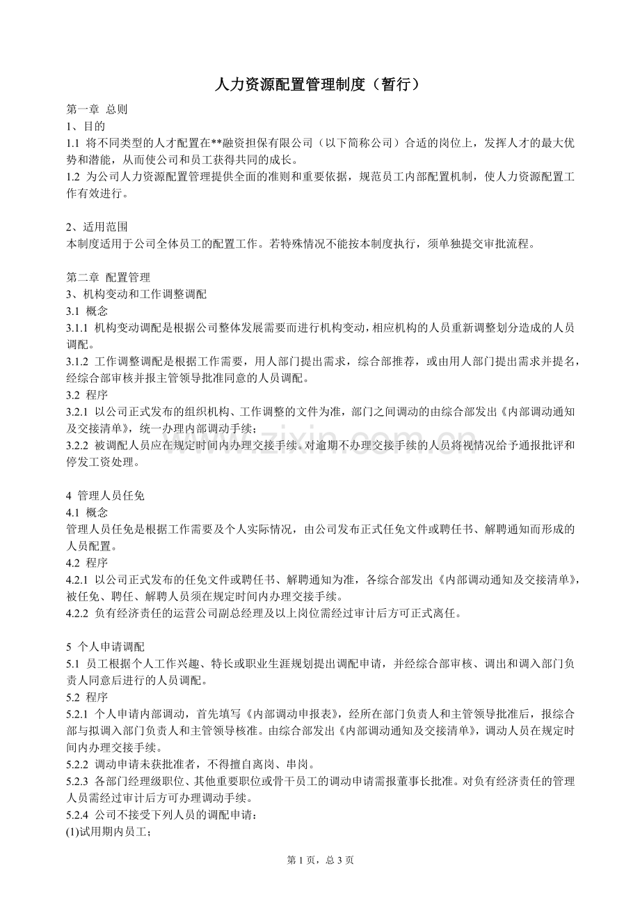 融资担保公司人力资源配置管理制度(暂行).docx_第1页