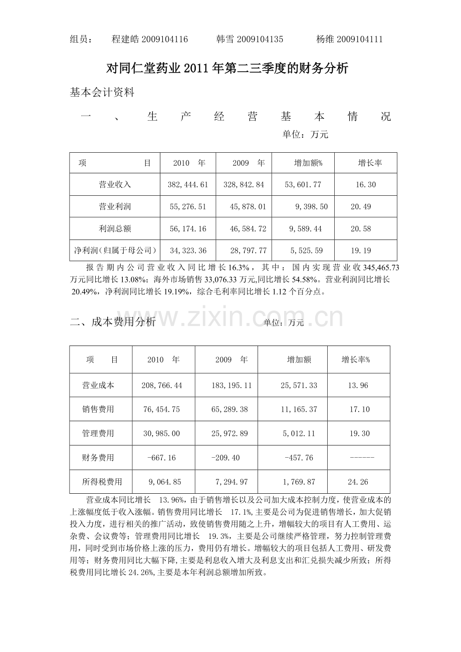 同仁堂药业度财务报告分析.doc_第1页