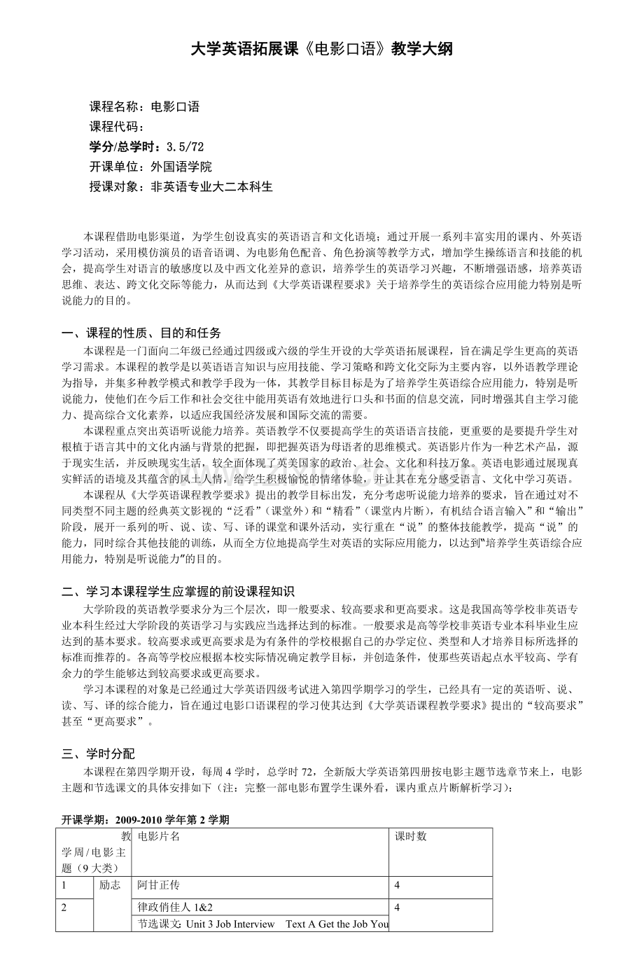 大学英语拓展课《电影口语》教学大纲-2.doc_第1页