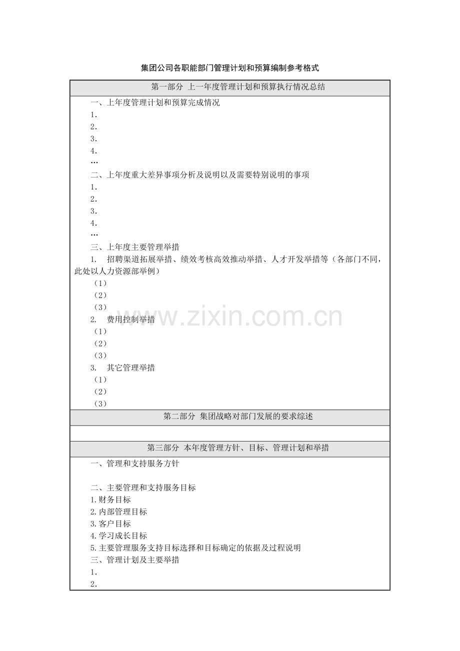 集团公司各职能部门管理计划和预算编制参考格式.docx_第1页