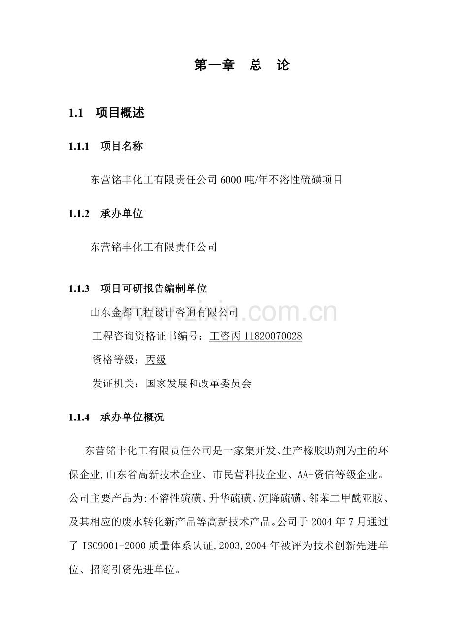 东营铭丰化工有限责任公司年6000吨不溶性硫磺项目建设可行性研究报告.doc_第1页