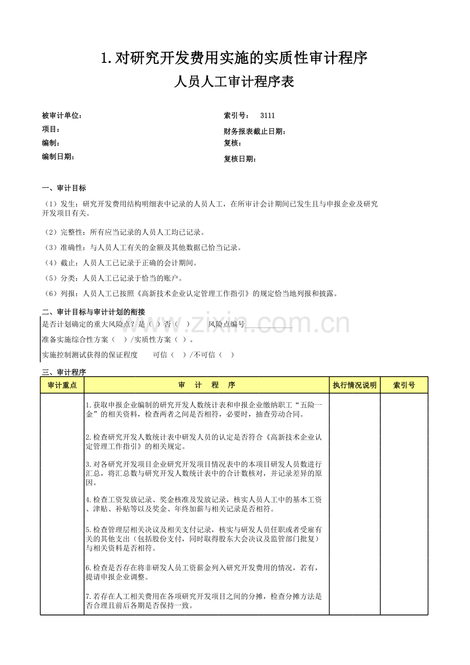 高新技术企业认定专项审计工作底稿之人员人工程序表.xls_第1页