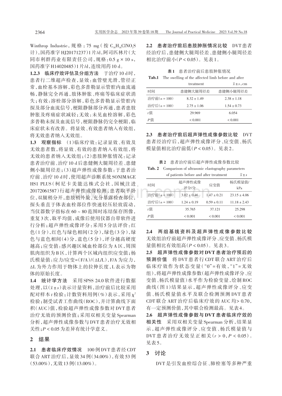 急性下肢深静脉血栓形成患者行CDT联合ART治疗前后监测超声弹性成像参数变化对疗效的评估价值.pdf_第3页