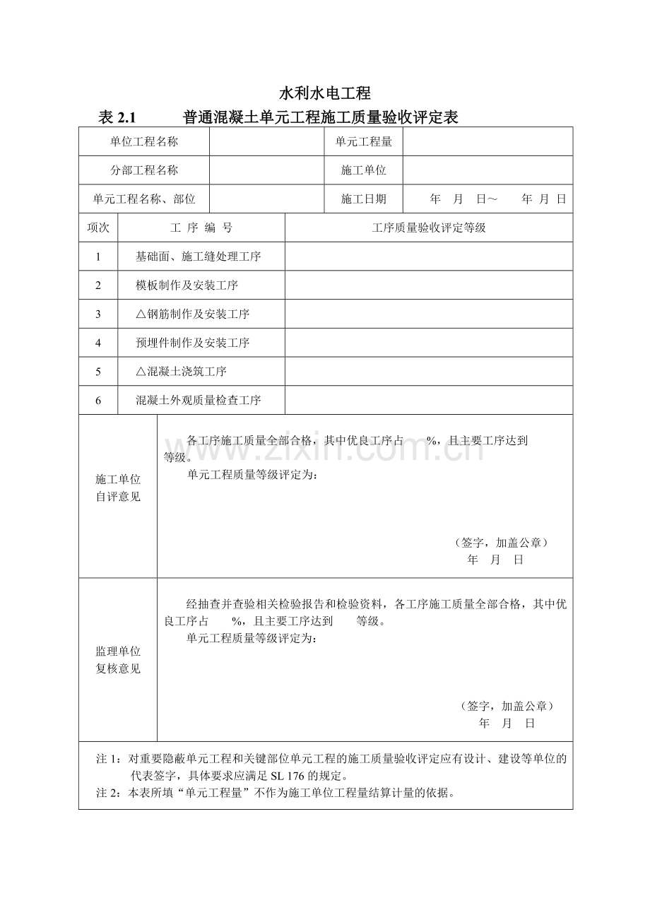 水利水电工程普通混凝土单元工程施工质量验收评定表.doc_第1页