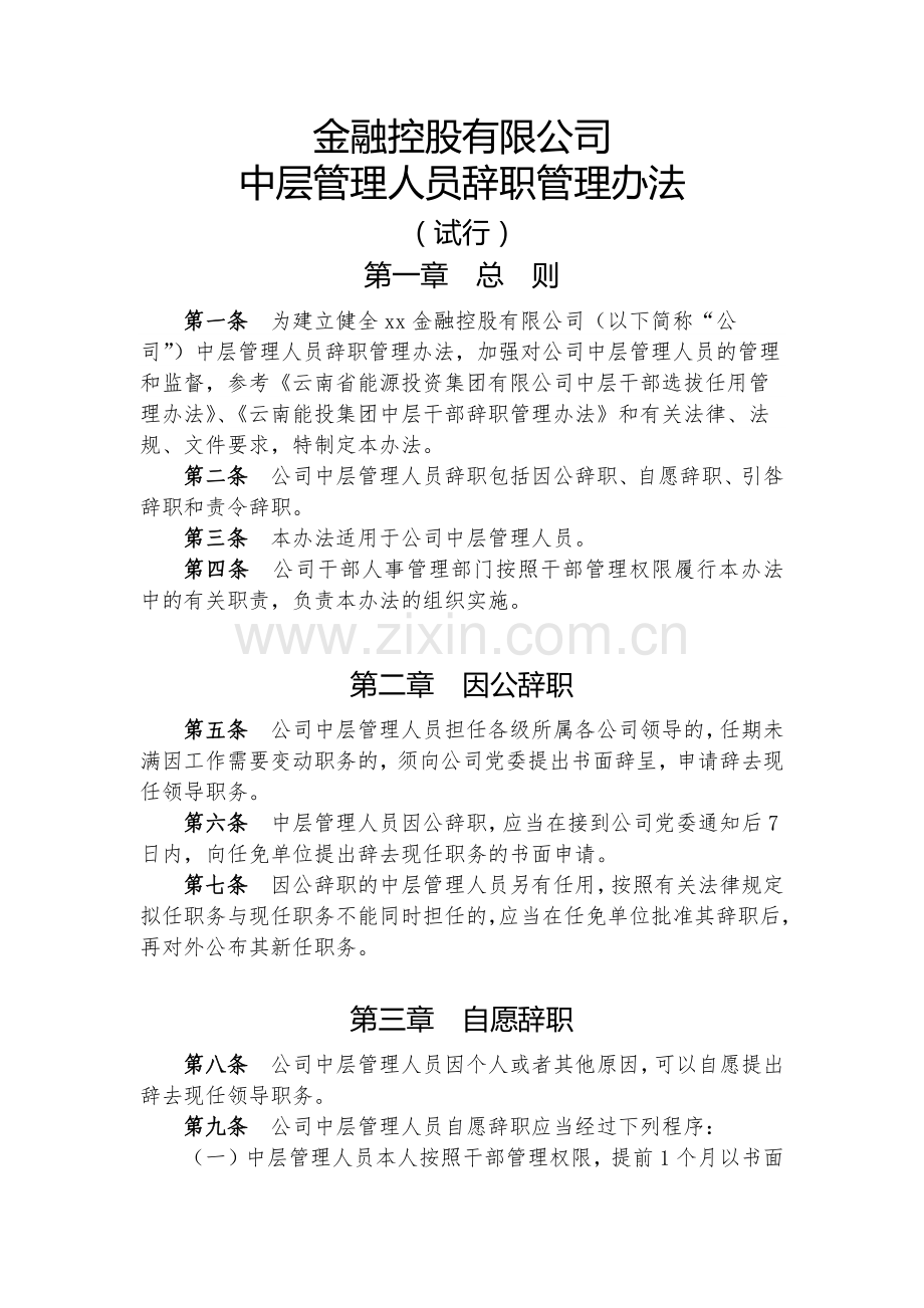 金融控股公司中层管理人员辞职管理办法模版.docx_第1页