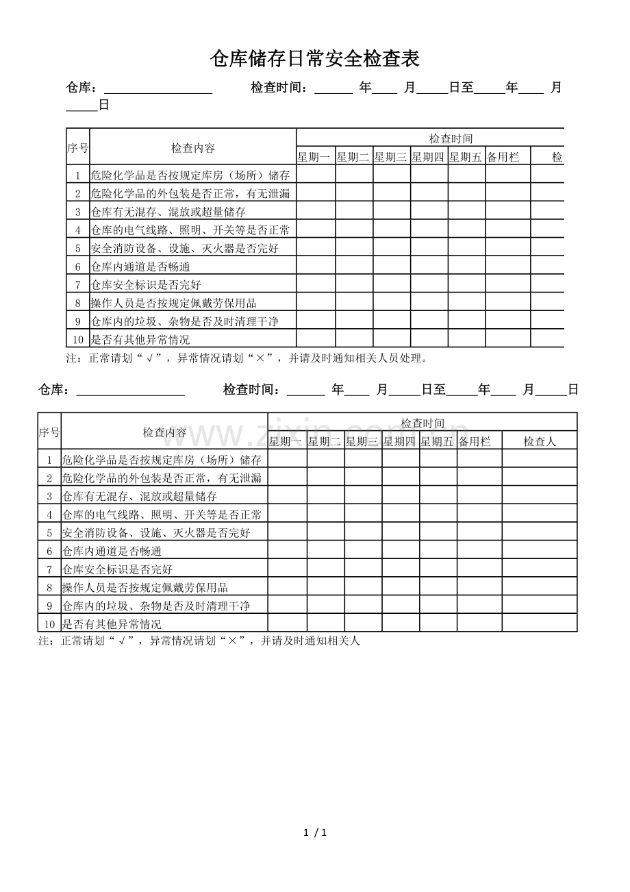 仓库储存日常安全检查表.docx_第1页