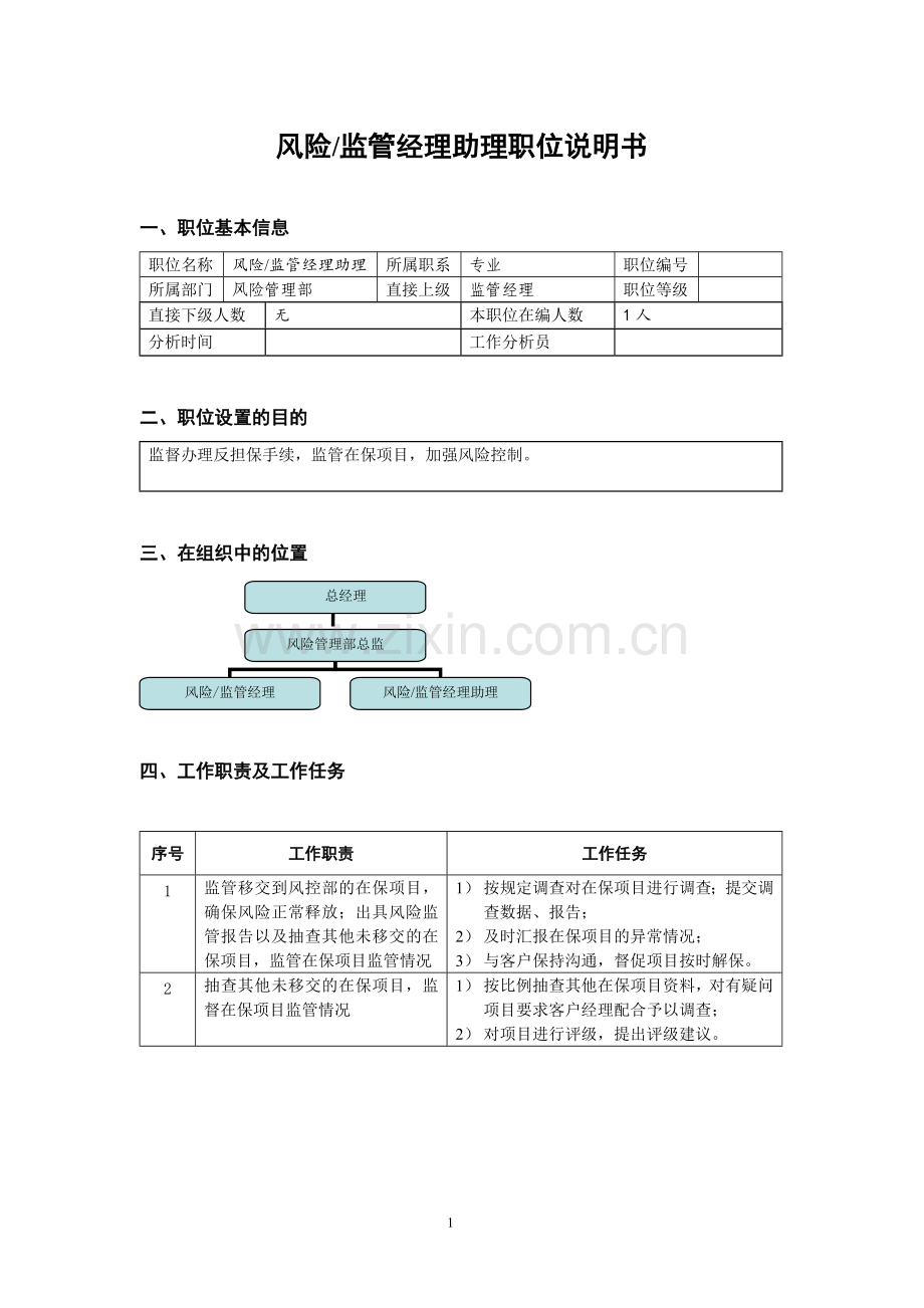 融资担保公司风险及监管经理助理职位说明书模版.doc_第1页