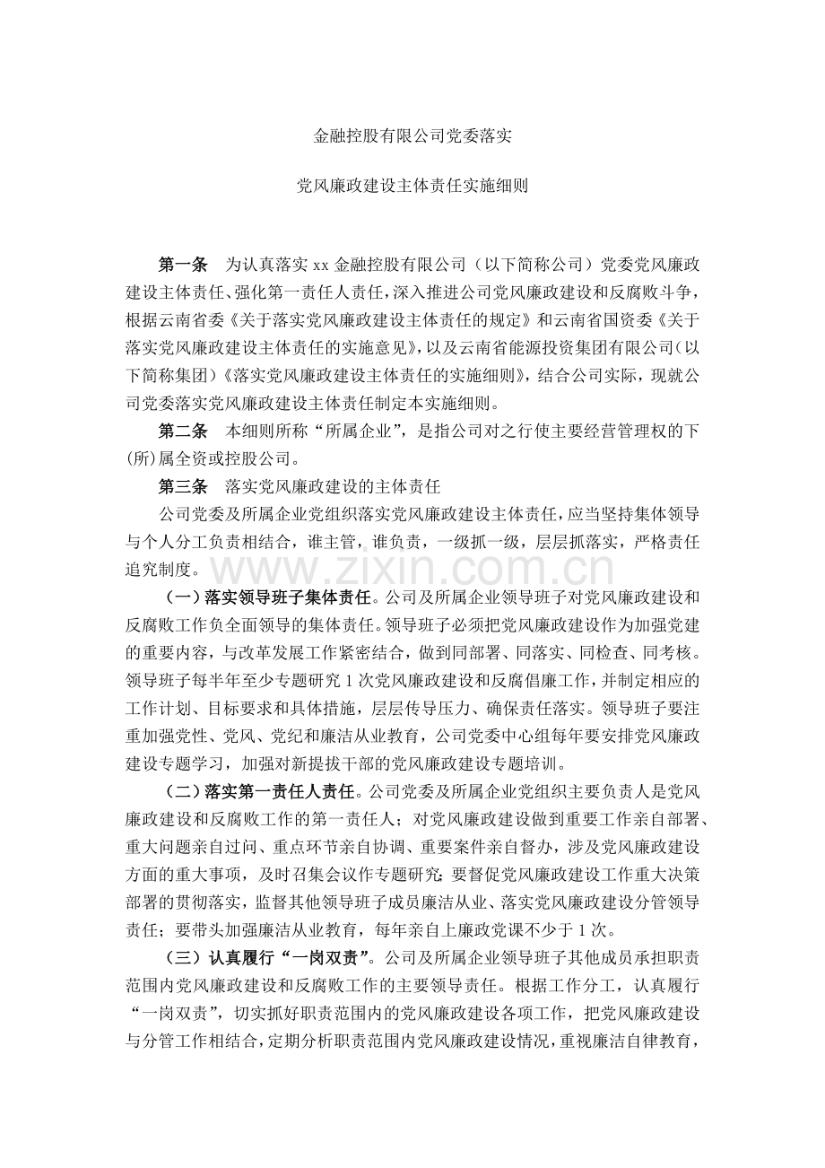 金融控股公司党风廉政建设主体责任实施细则模版.docx_第1页