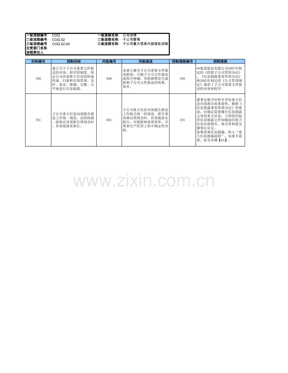 企业子公司重大信息内部报告流程-RCM风险控制矩阵模版..xls_第1页