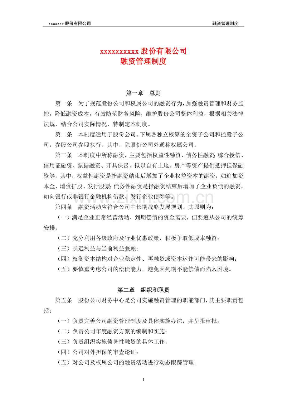 公司融资管理制度模版.docx_第1页