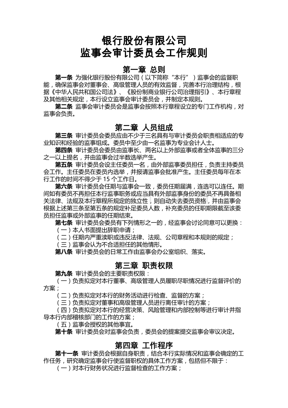 银行监事会审计委员会工作规则.docx_第1页