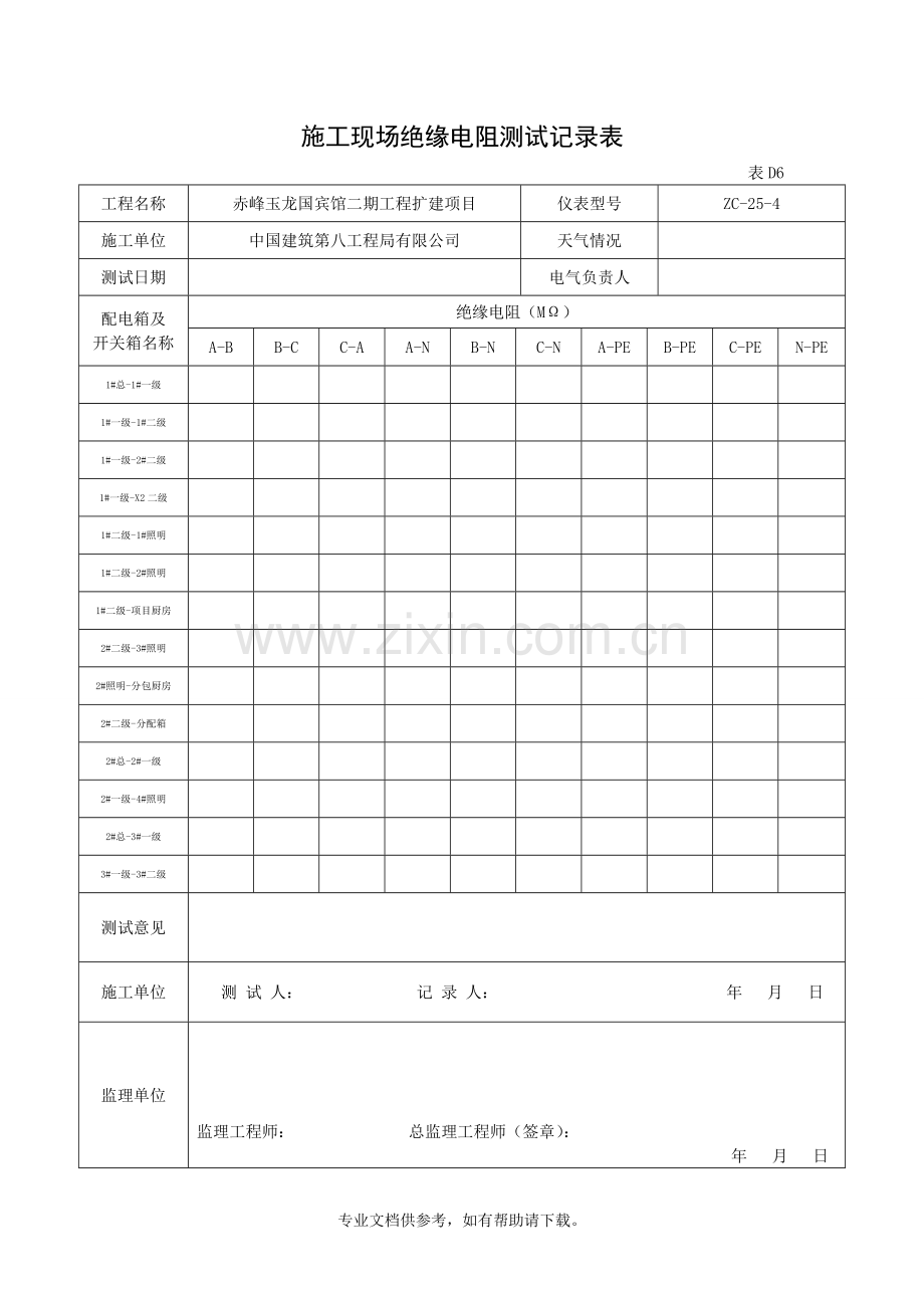 施工现场绝缘电阻测试记录表.doc_第1页