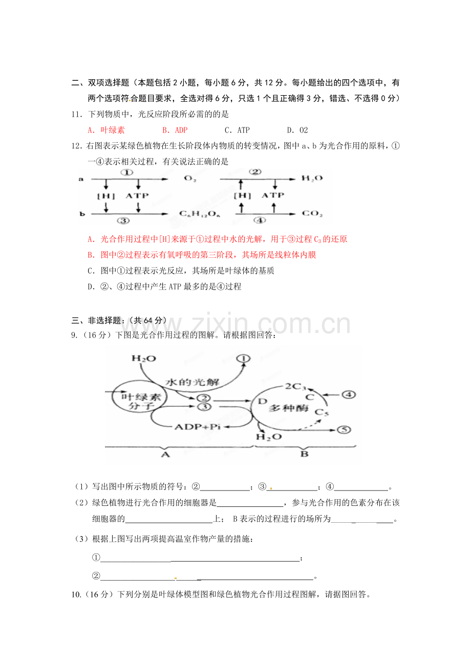 广东省信宜市第二中学2014高中生物--细胞的能量供应和利用单元测试题-新人教版必修1.doc_第2页