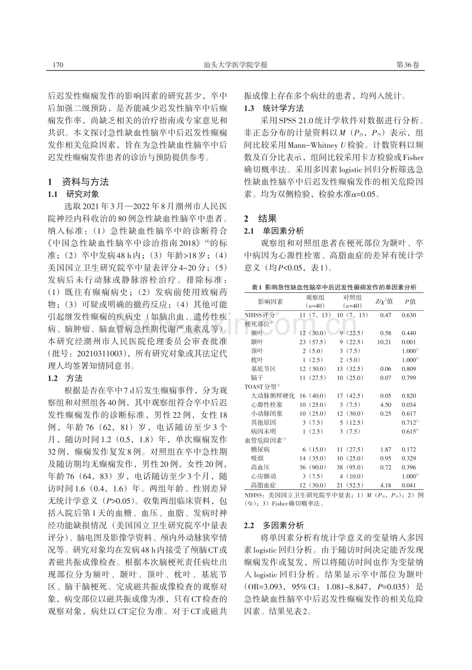 急性缺血性脑卒中后迟发性癫痫发作的相关危险因素分析.pdf_第2页