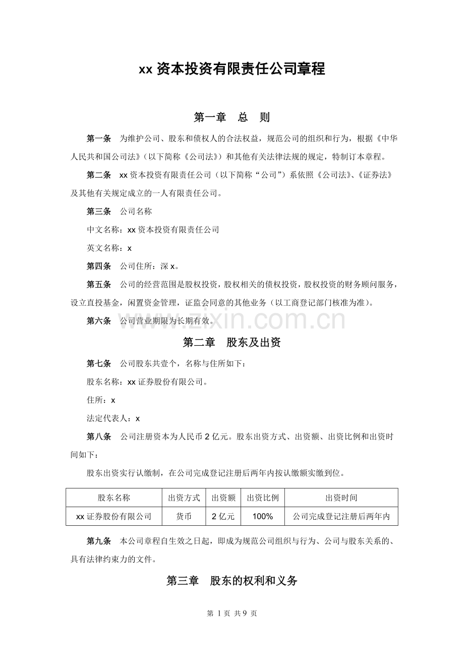 私募股权投资基金管理公司章程模版.doc_第1页