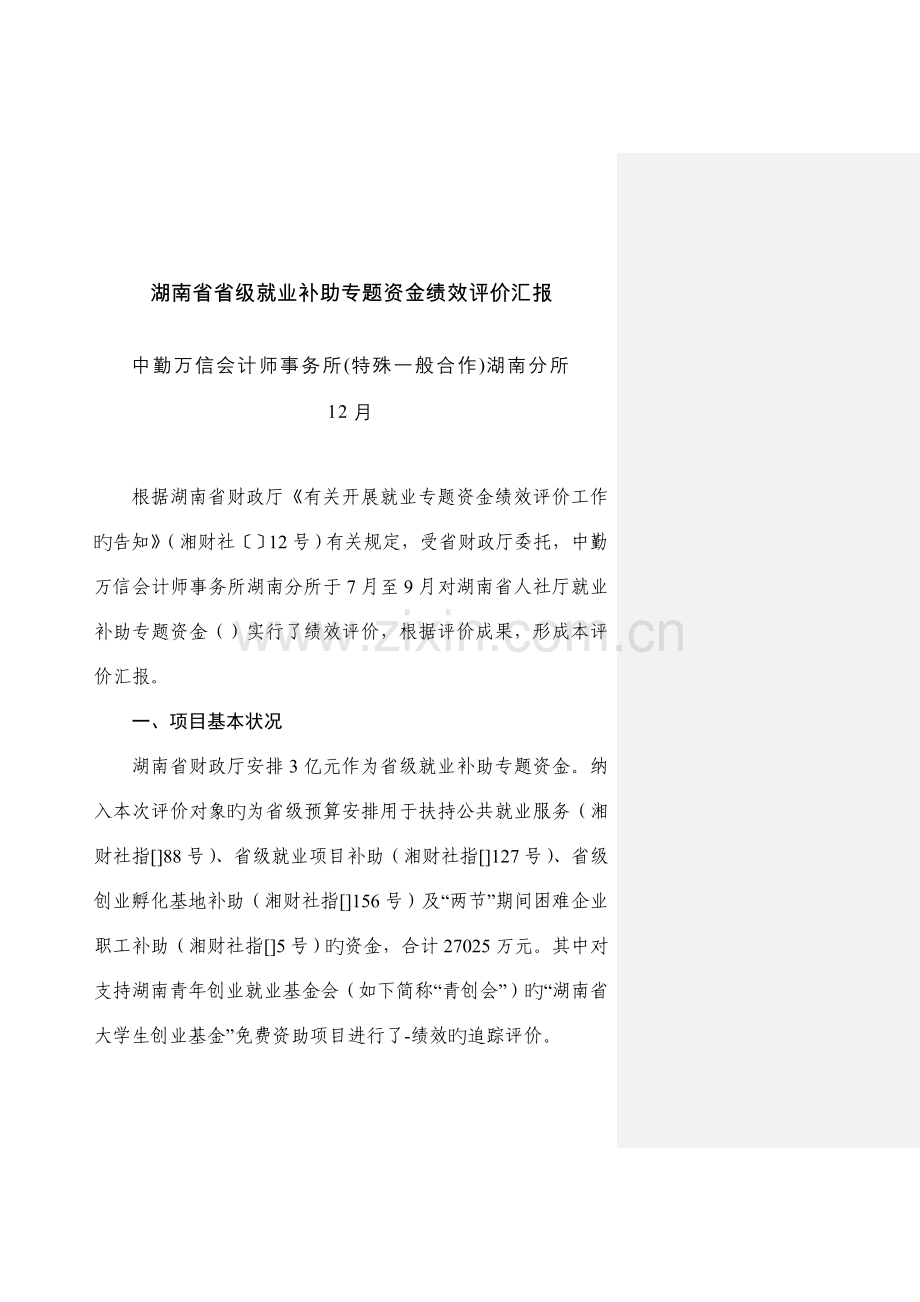 湖南省省级就业补助专项资金绩效评价报告.doc_第1页