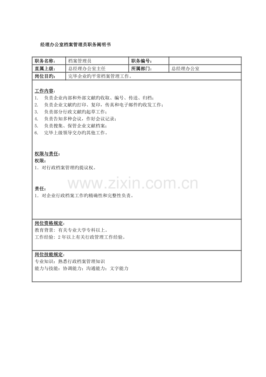 经理办公室档案管理员职务说明书.doc_第1页