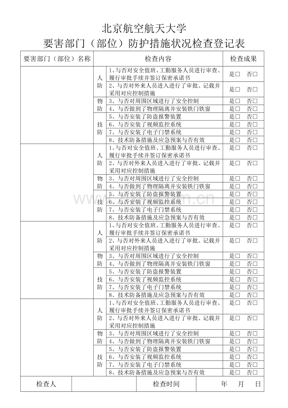 北京航空航天大学要害部门部位防范措施检查情况记录表.doc_第1页