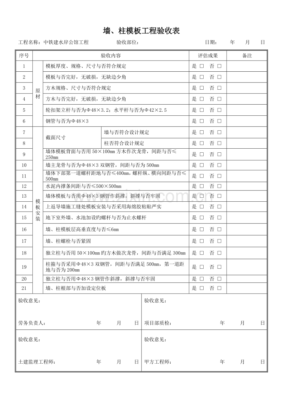 墙柱模板工程验收表.doc_第1页