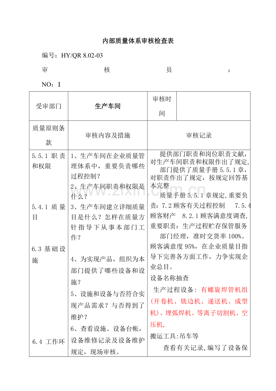 API内审审核检查表生产车间.doc_第1页